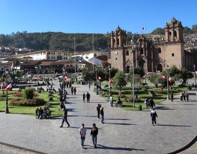 The Plaza de Armas in Cusco with the cathedral and colonial arcades