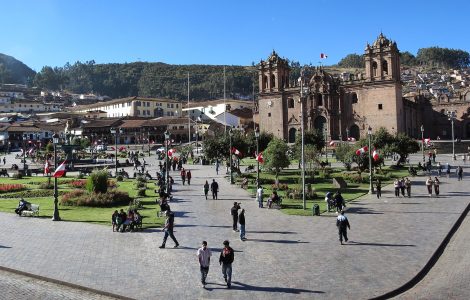 The Plaza de Armas in Cusco with the cathedral and colonial arcades