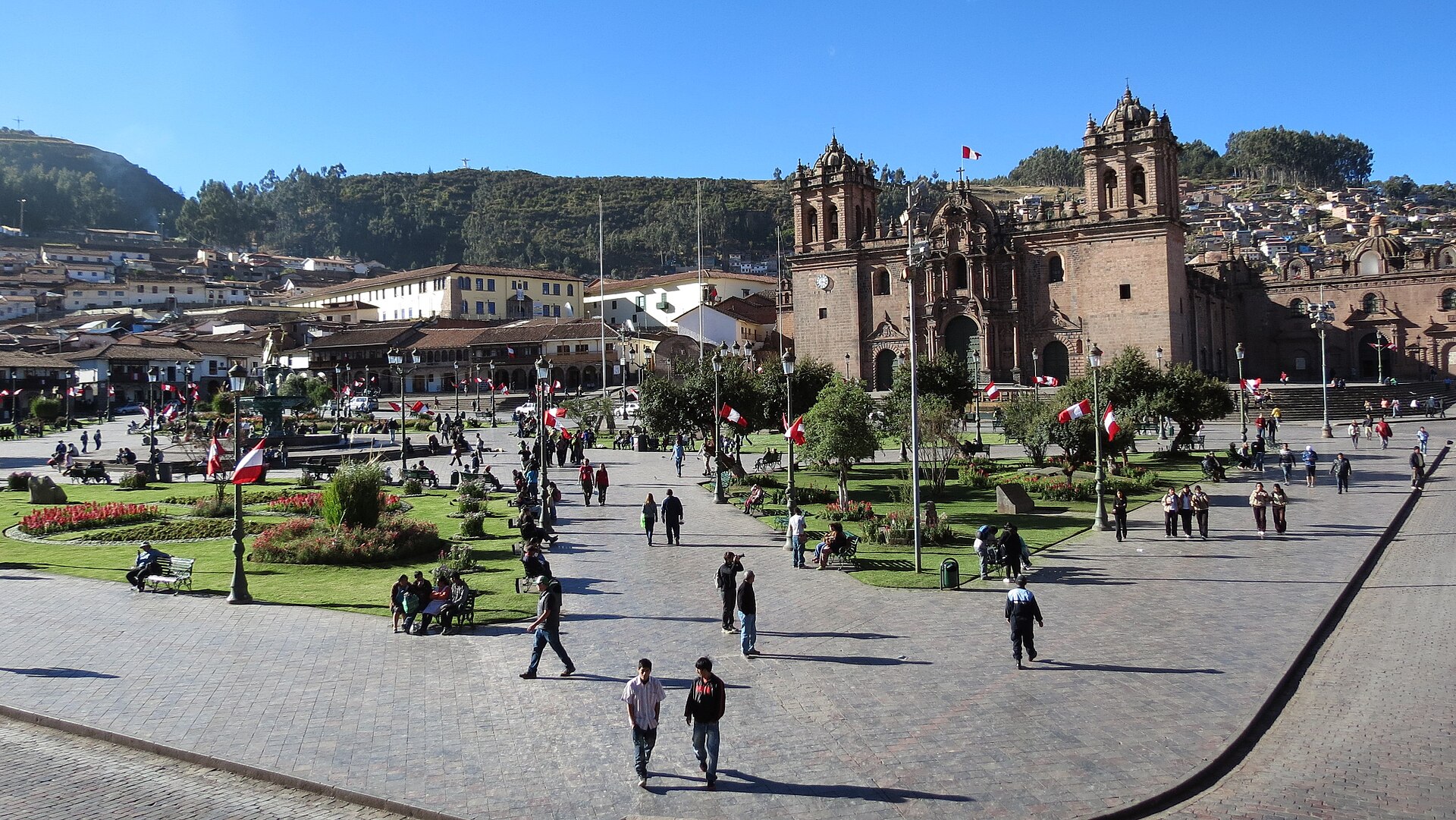 The Plaza de Armas in Cusco with the cathedral and colonial arcades