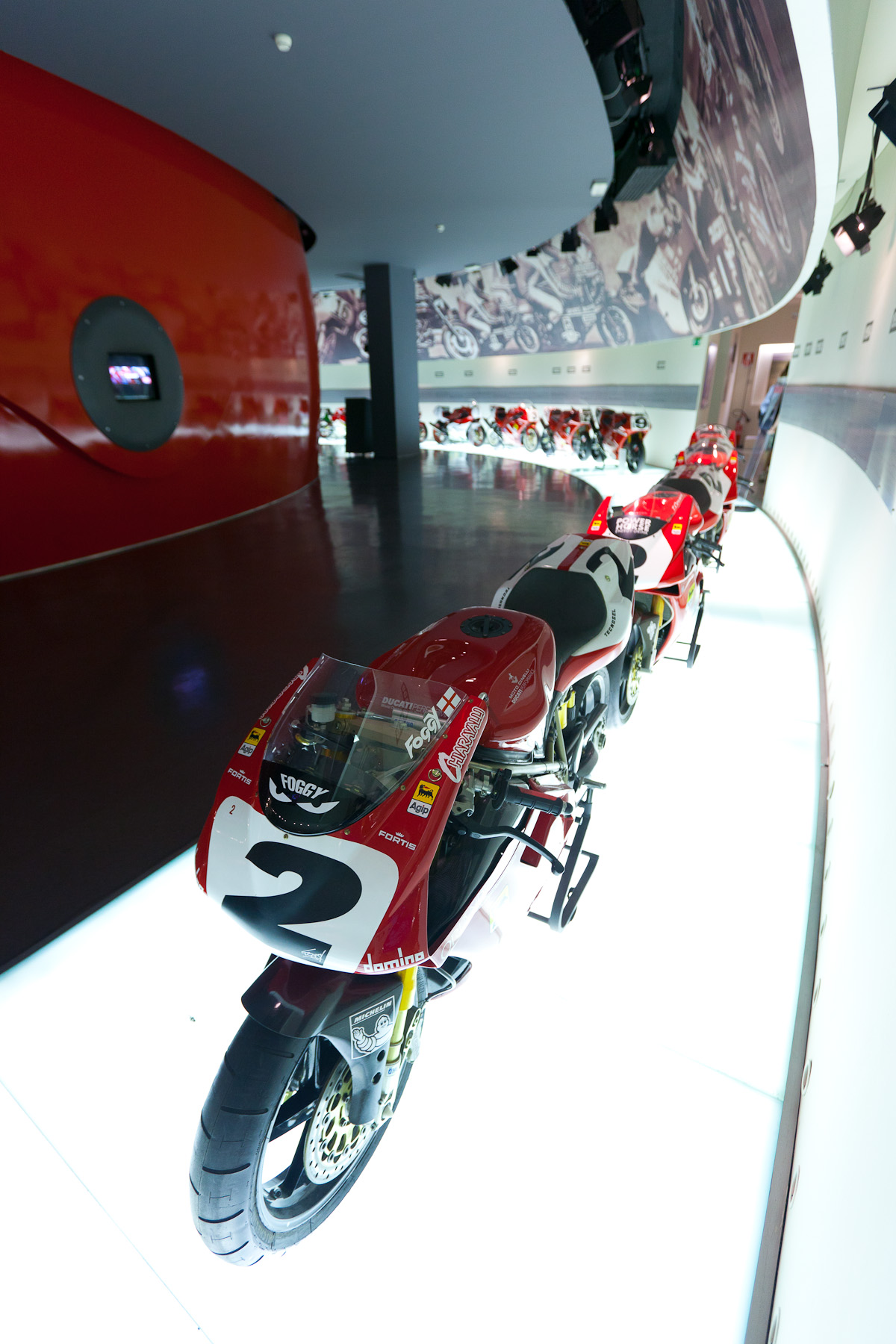 Racing motorcycles on display inside the Ducati museum at Borgo Panigale near Bologna