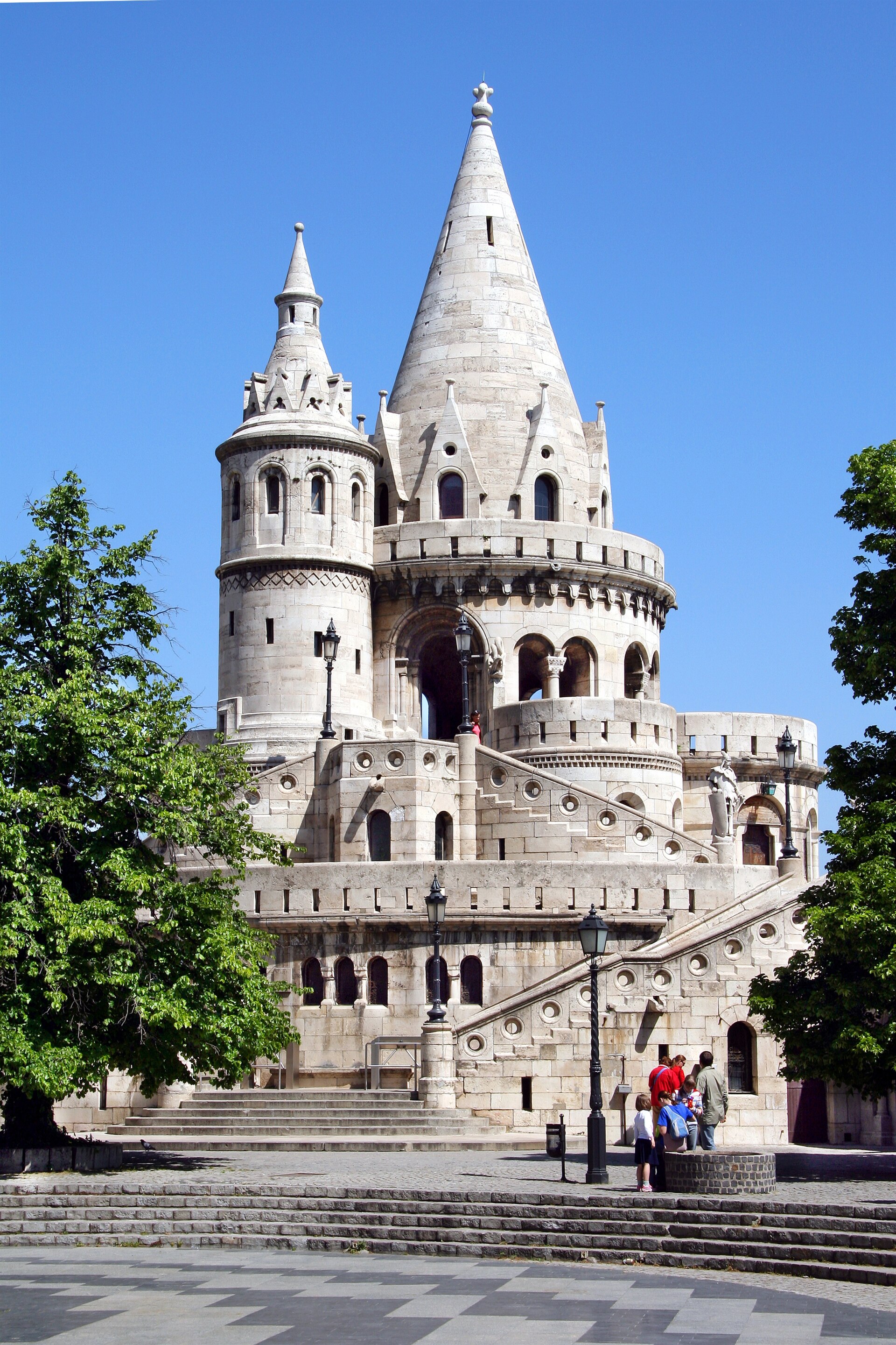 The white stone terraces and conical turrets of Fishermans Bastion on Castle Hill in Buda