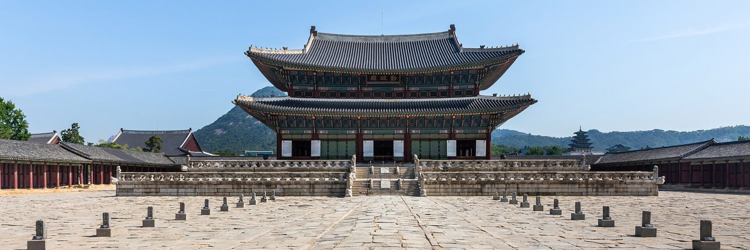 Geunjeongjeon throne hall at Gyeongbokgung Palace in central Seoul under a clear sky