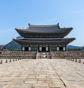 Geunjeongjeon throne hall at Gyeongbokgung Palace in central Seoul under a clear sky