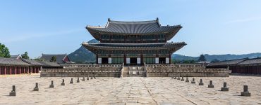 Geunjeongjeon throne hall at Gyeongbokgung Palace in central Seoul under a clear sky
