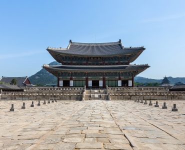 Geunjeongjeon throne hall at Gyeongbokgung Palace in central Seoul under a clear sky