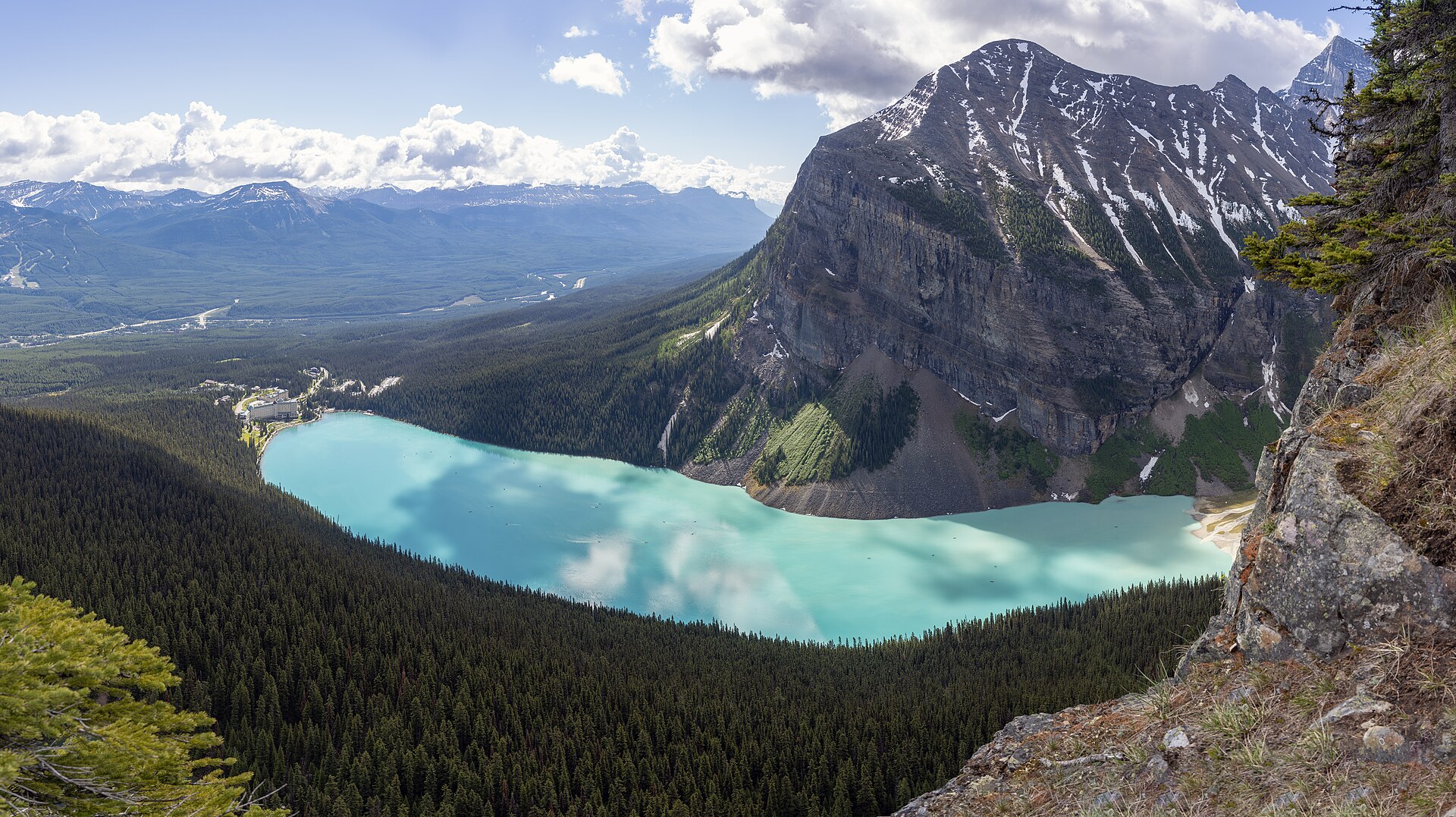 Turquoise water of Lake Louise below Victoria Glacier in Banff National Park