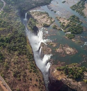 The main curtain of Victoria Falls seen from the Zimbabwean rainforest footpath