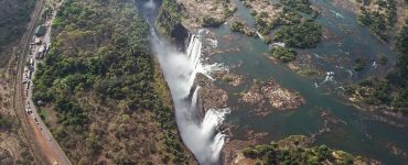 The main curtain of Victoria Falls seen from the Zimbabwean rainforest footpath