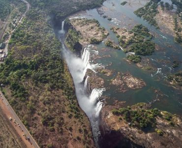 The main curtain of Victoria Falls seen from the Zimbabwean rainforest footpath