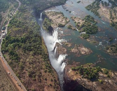 The main curtain of Victoria Falls seen from the Zimbabwean rainforest footpath