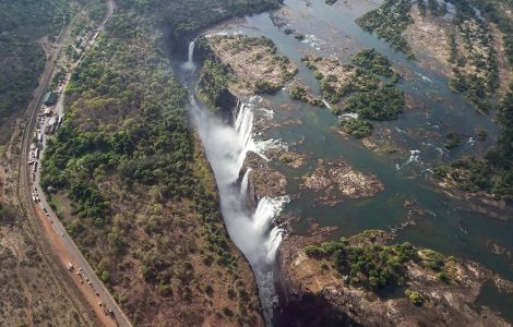 The main curtain of Victoria Falls seen from the Zimbabwean rainforest footpath