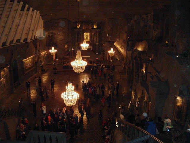 The underground Chapel of St Kinga carved from rock salt in the Wieliczka Salt Mine near Krakow