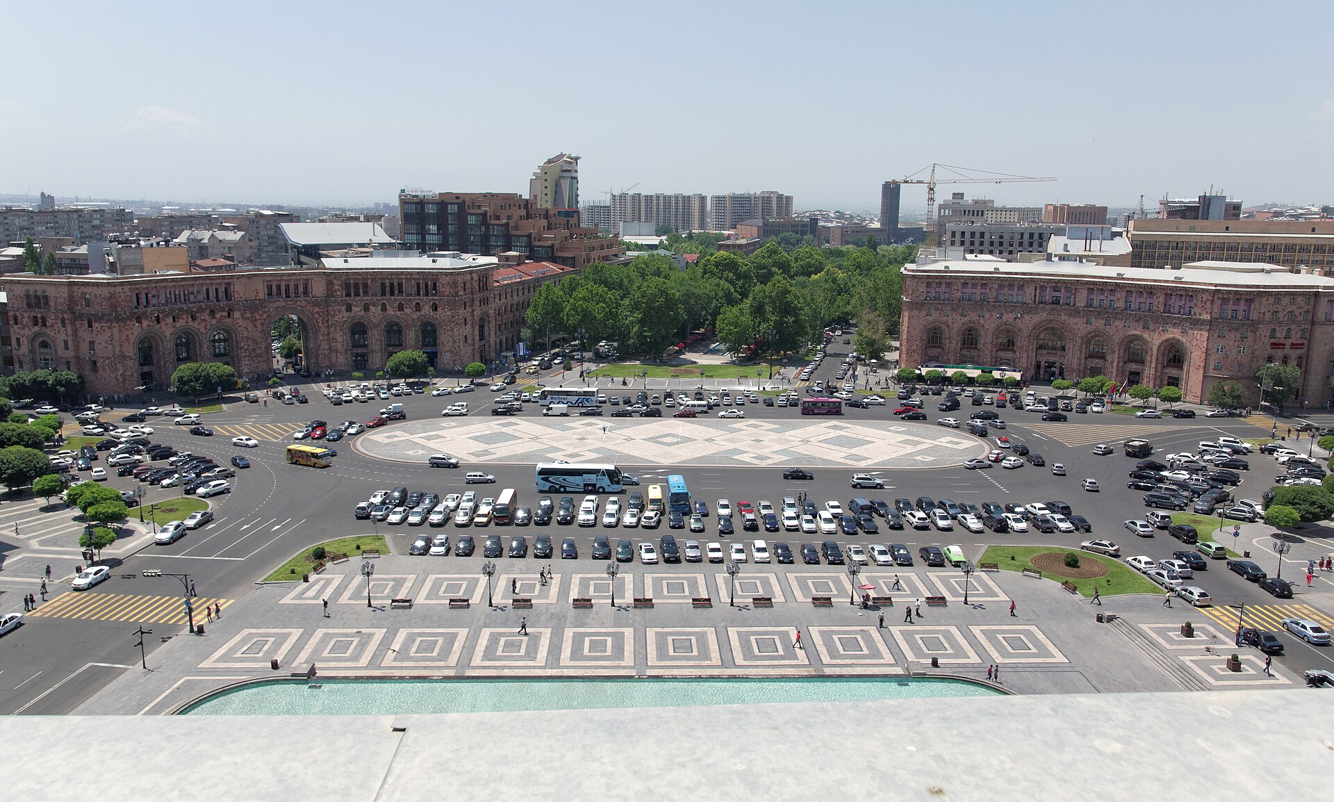 Republic Square in central Yerevan, Armenia, ringed by tufa stone government buildings