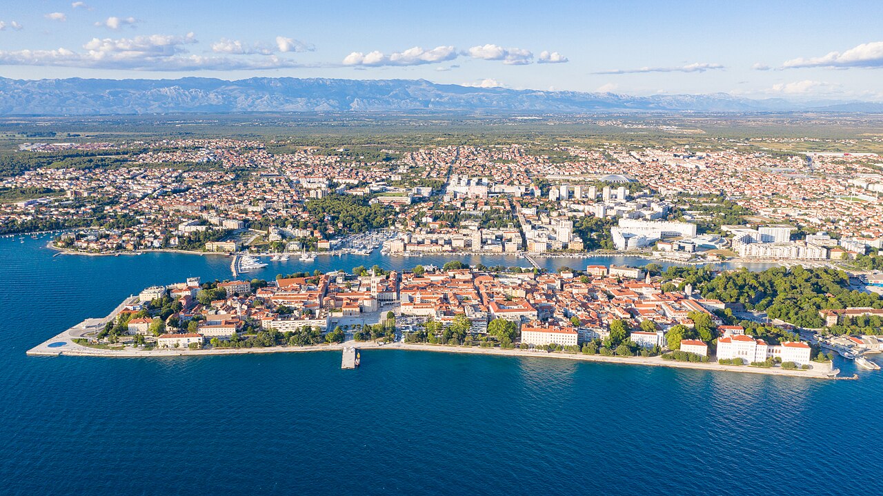 Zadar waterfront promenade along the Adriatic with the old town skyline behind